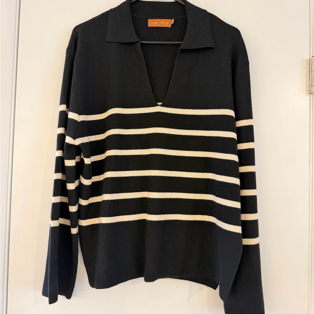 Beige Botany Black Collared Knit Sweater | Minimalist Stripe Pullover | Size M